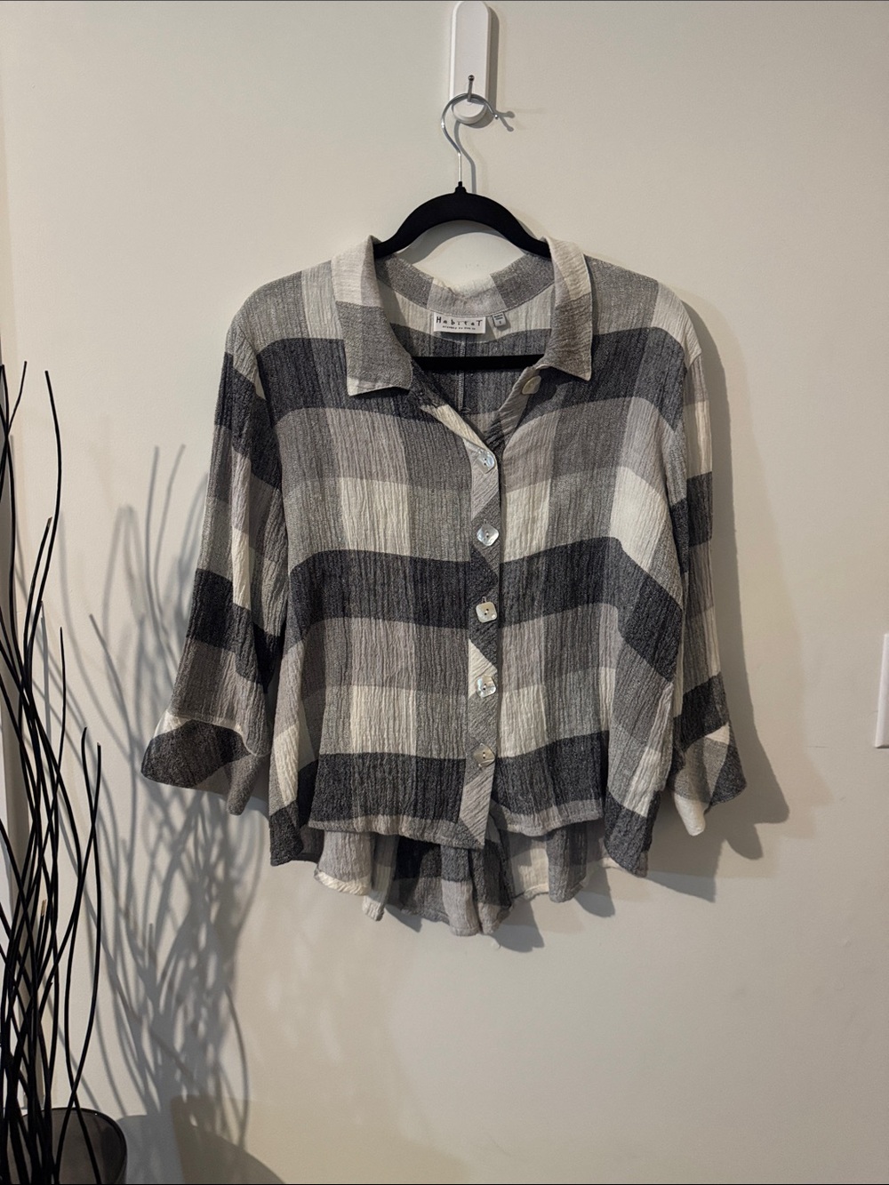 Habitat Black & White Plaid Button-Front Women's linen blend shirt